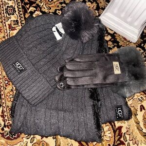 NWT UGG Charcoal Dark Gray Knit Hat, Scarf, & Glove Set.Velvety, soft &stretchy.